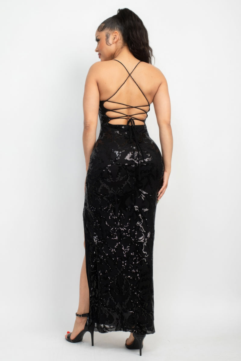 Black Sequin Back-crisscross Tie Slit Dress
