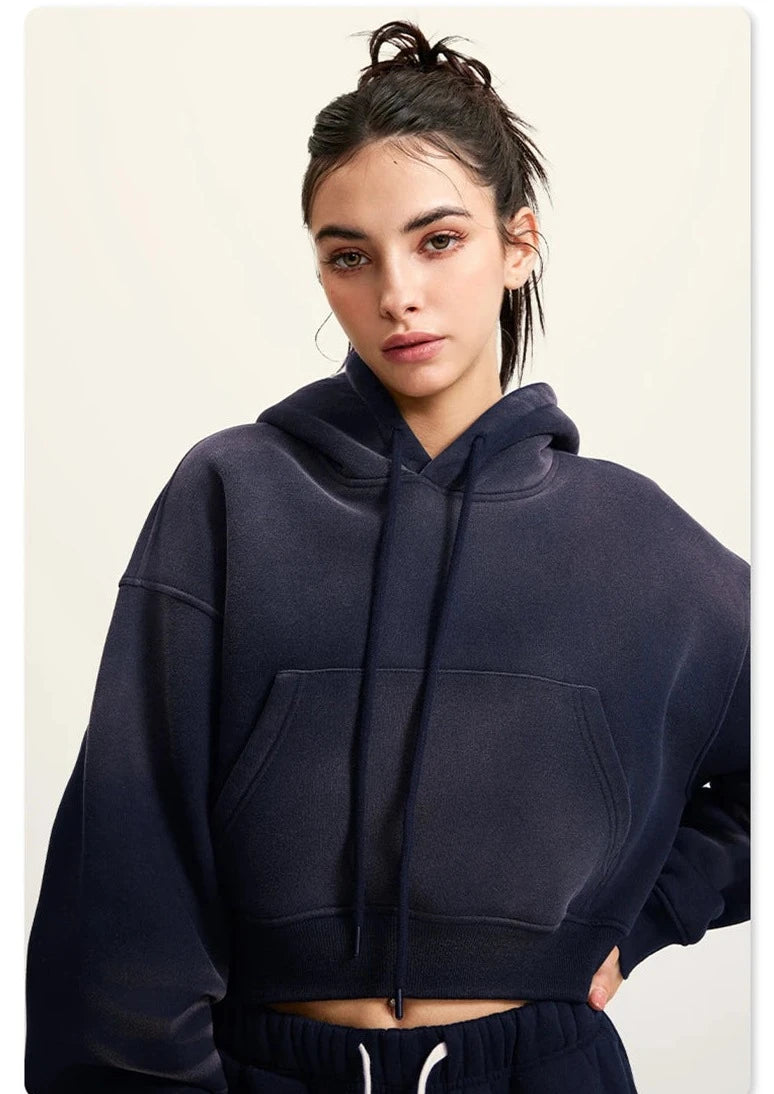 Women's Washed Loose Pullover Fleece Crop Hoodie