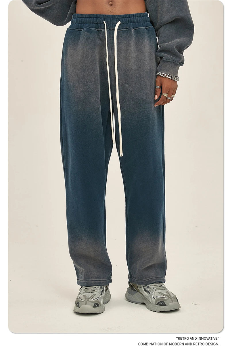 Washed Fleece Unisex Casual Loose Gradient Distressed Sweatpants