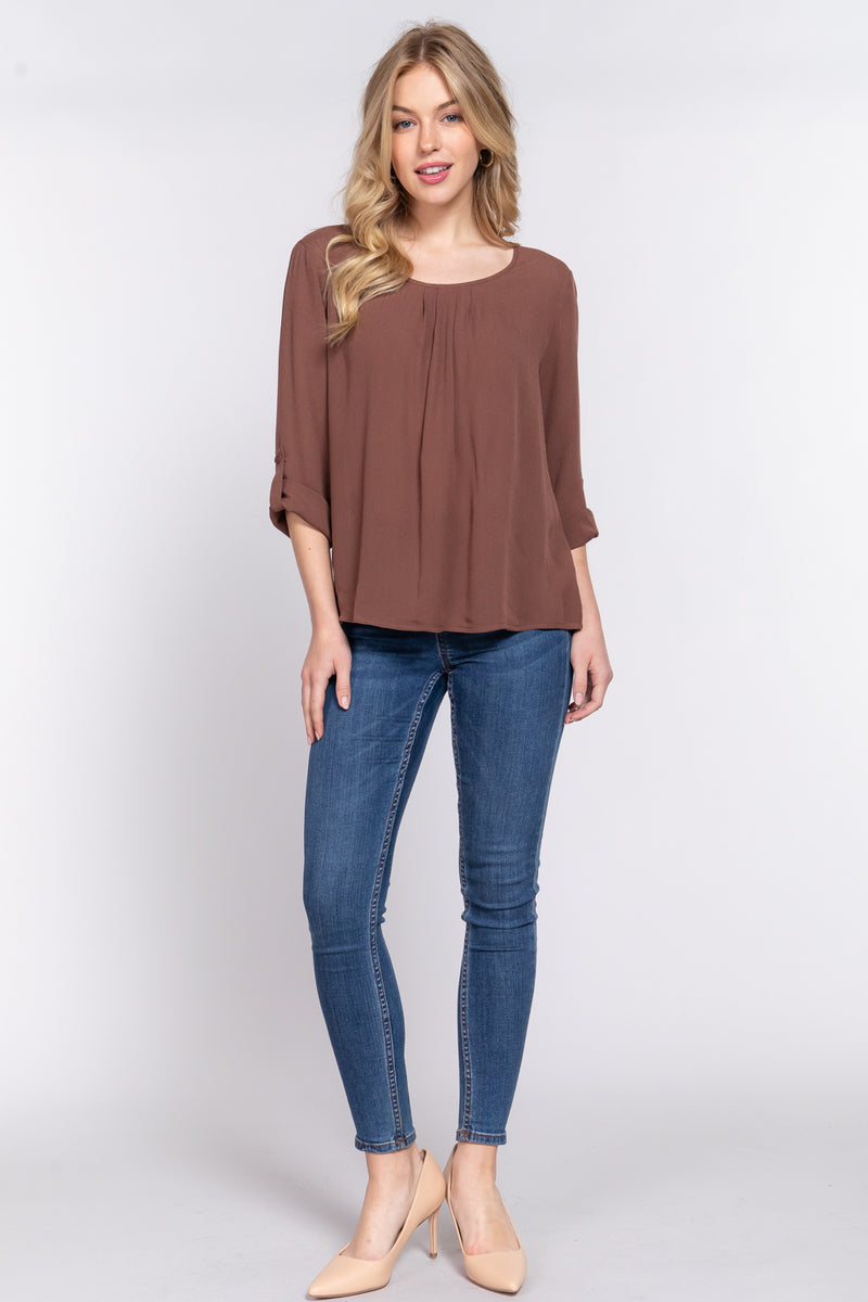 Solid 3/4 Roll Up Slv Pleated Blouse