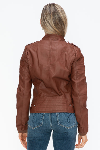 PU Leather Biker Jacket with Side Zip Pockets