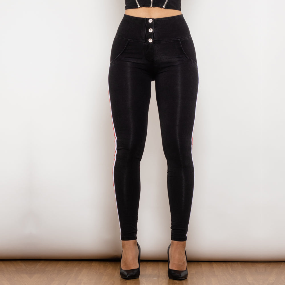 Side Stripe High Waist Black Stretch Bum Lift Pants