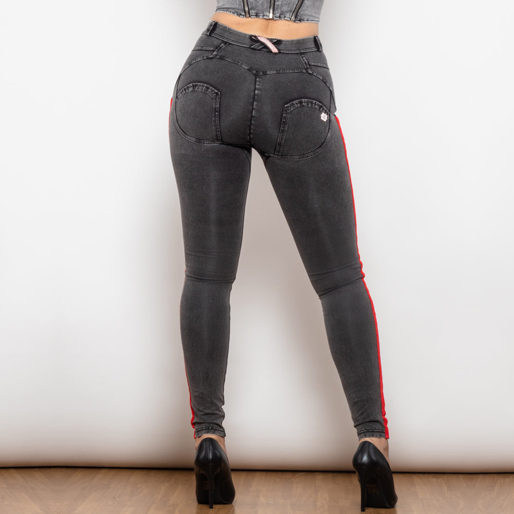 Side Stripe Middle Waist Dark Thread Grey Butt Lift Jeans