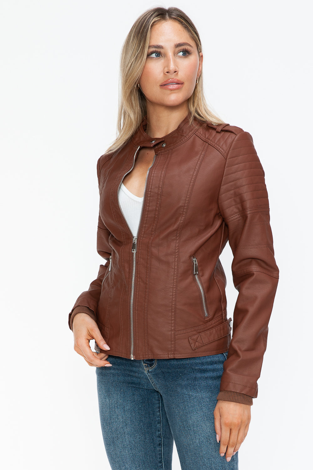 PU Leather Biker Jacket with Side Zip Pockets