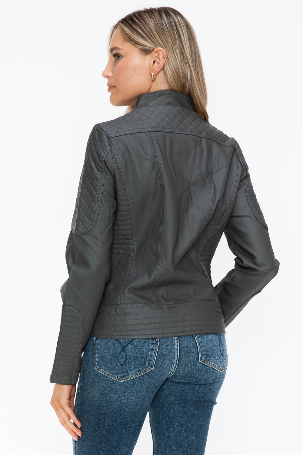 Faux Leather Zip Up Mock Neck Jacket