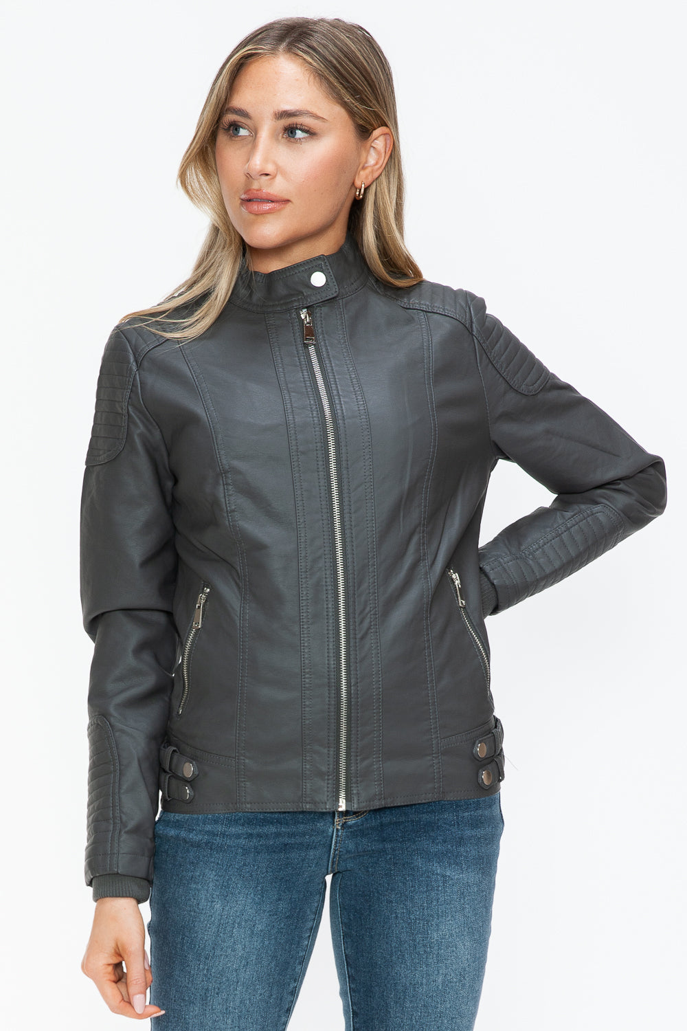 Faux Leather Biker Jacket with Side Zip Pockets