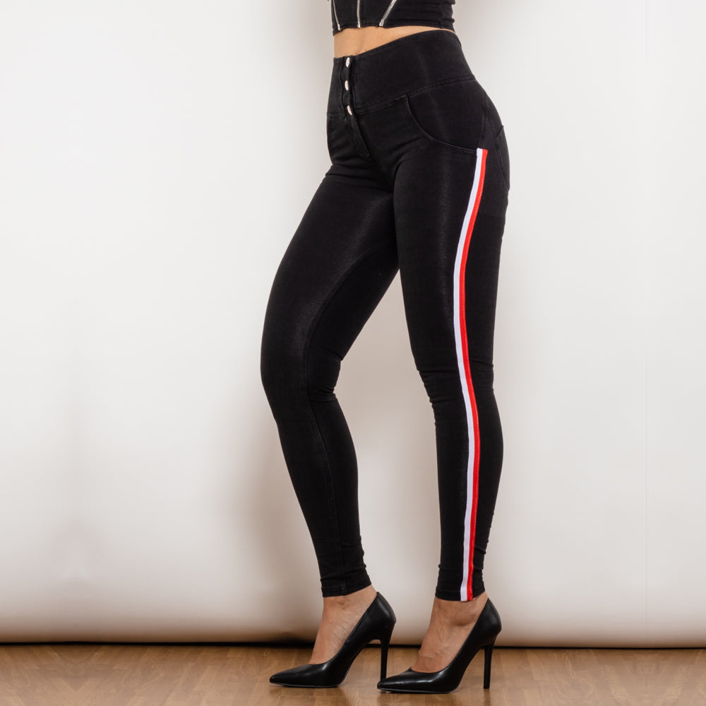 Side Stripe High Waist Black Stretch Bum Lift Pants