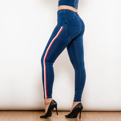 White & Red Side Stripe Dark Blue Denim Butt Lift Jeans