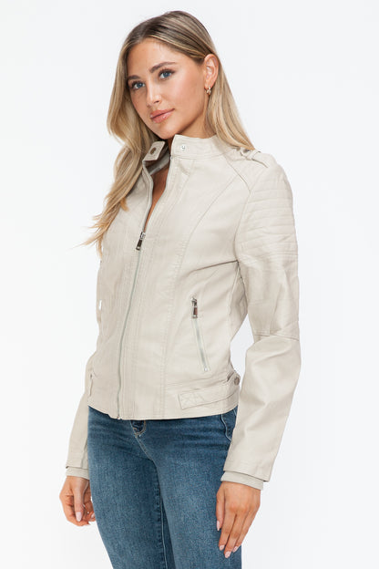 PU Leather Biker Jacket with Side Zip Pockets