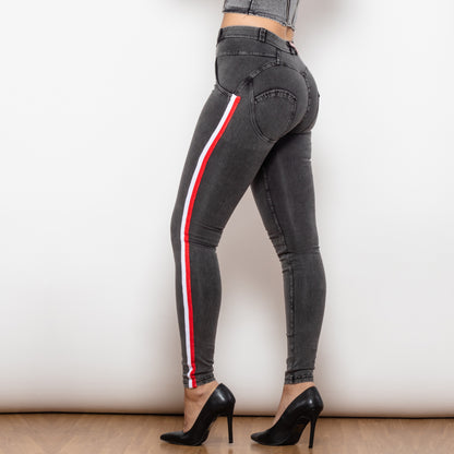 Side Stripe Middle Waist Dark Thread Grey Butt Lift Jeans