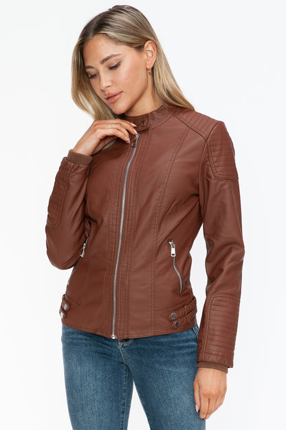 Faux Leather Biker Jacket with Side Zip Pockets