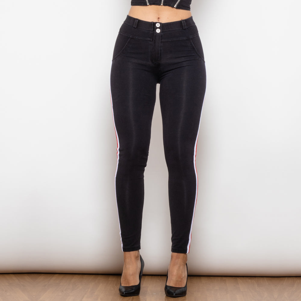 Side Stripe Middle Waist Dark Thread Black Butt Lift Jeans