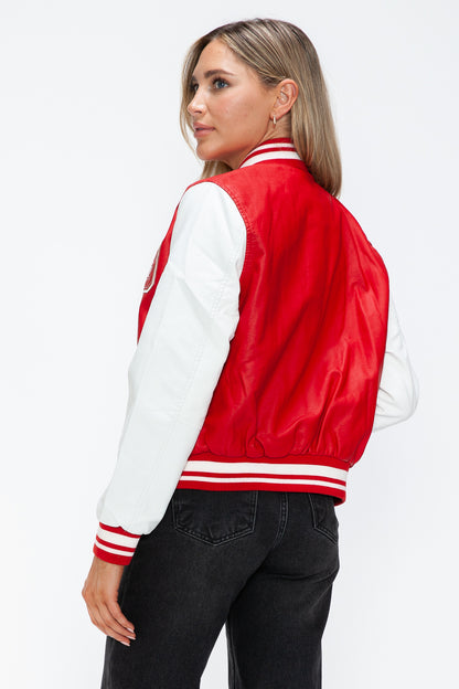 PU Leather Contrast Snap Down Bomber Jacket