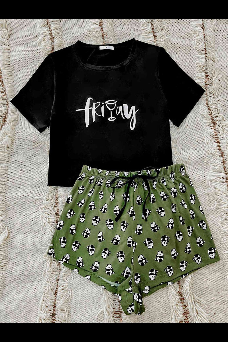 Graphic Tee and Panda Print Shorts Lounge Set