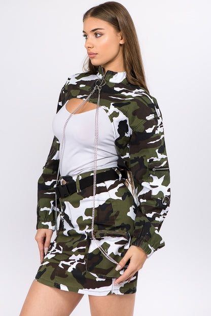 Camouflage Cropped Jacket with Chains