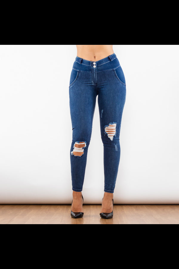 Blue Washed Ripped Middle Waist Jeans