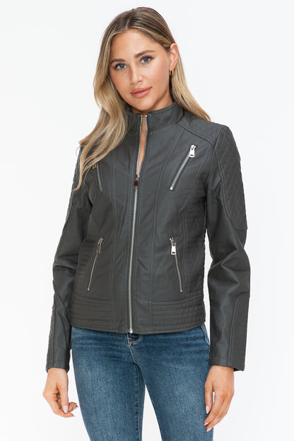 Faux Leather Zip Up Mock Neck Jacket