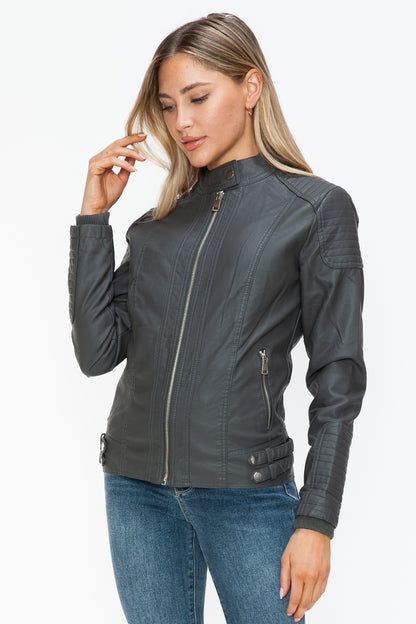 Faux Leather Biker Jacket with Side Zip Pockets