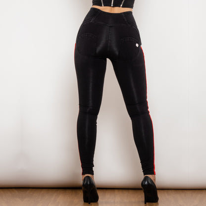 Side Stripe High Waist Black Stretch Bum Lift Pants