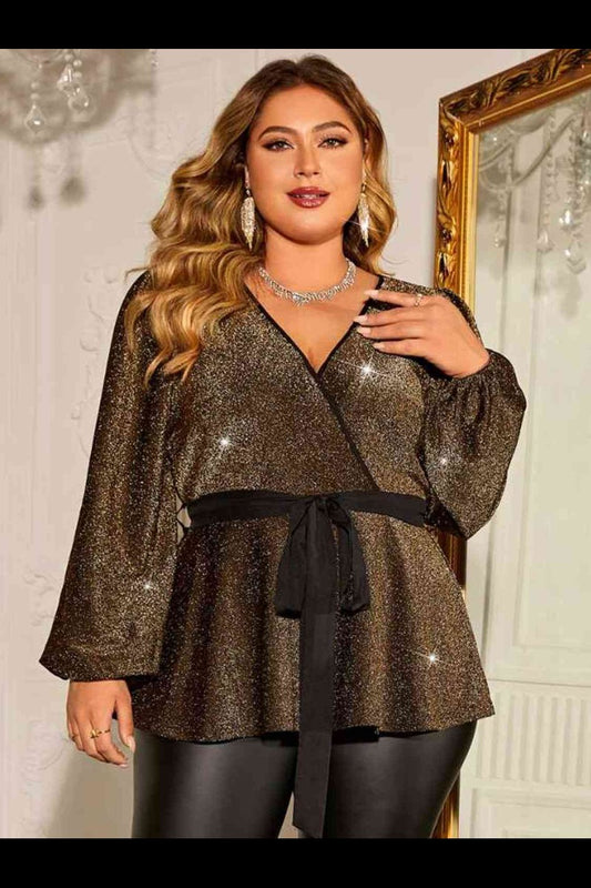 Plus Size Shiny Tie Waist Wrap Top