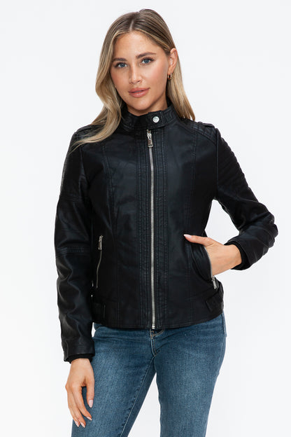 PU Leather Biker Jacket with Side Zip Pockets