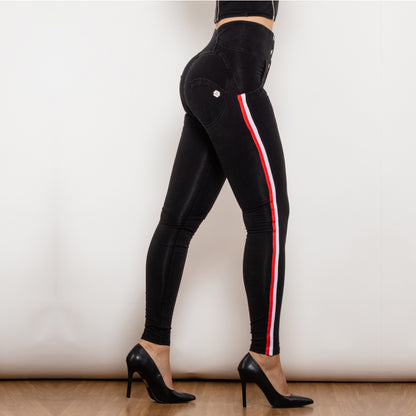 Side Stripe High Waist Black Stretch Bum Lift Pants