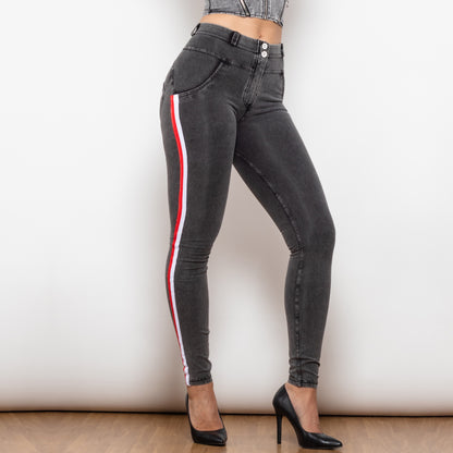 Side Stripe Middle Waist Dark Thread Grey Butt Lift Jeans