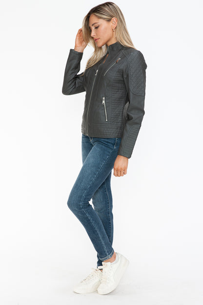 Faux Leather Zip Up Mock Neck Jacket