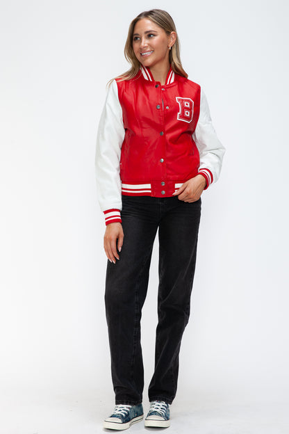 PU Leather Contrast Snap Down Bomber Jacket