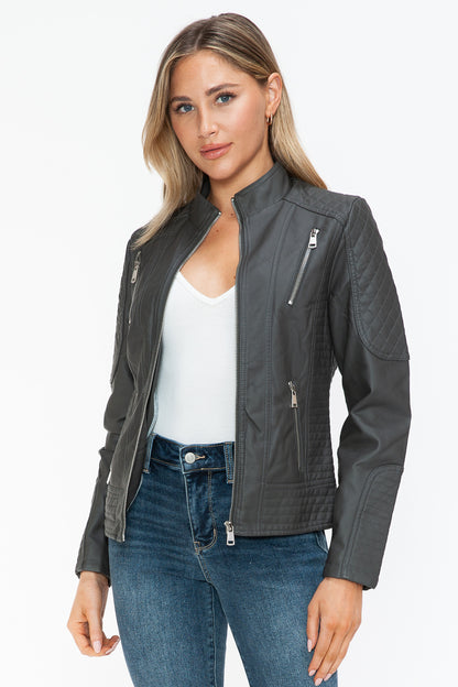 Faux Leather Zip Up Mock Neck Jacket