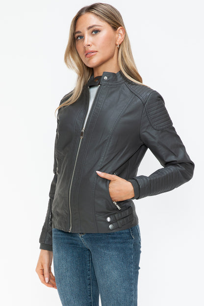 Faux Leather Biker Jacket with Side Zip Pockets