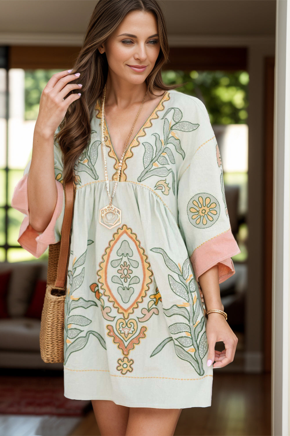 Printed V-Neck Three-Quarter Sleeve Mini Dress