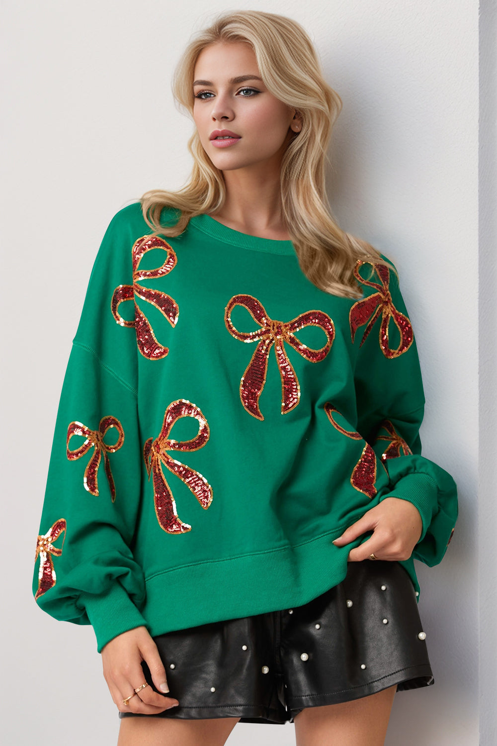 Bow Sequin Round Neck Dropped Shoulder Sweatshirt