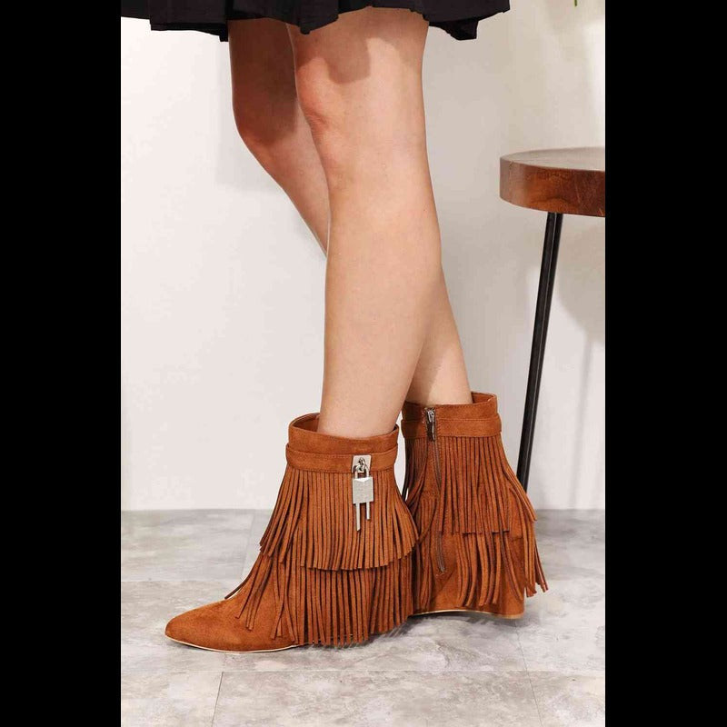 Legend Women's Tassel Wedge Heel Ankle Booties