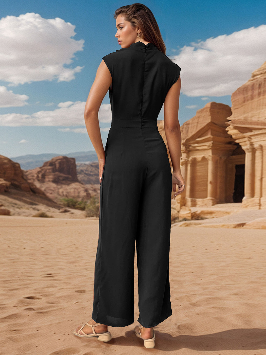 Perfee Ruched Mock Neck Sleeveless Jumpsuit