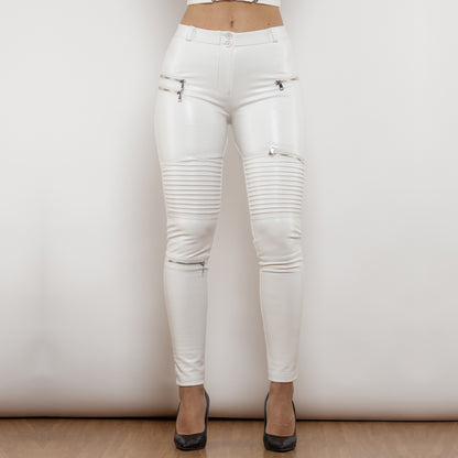 White Pu Leather Waterproof Biker Pants