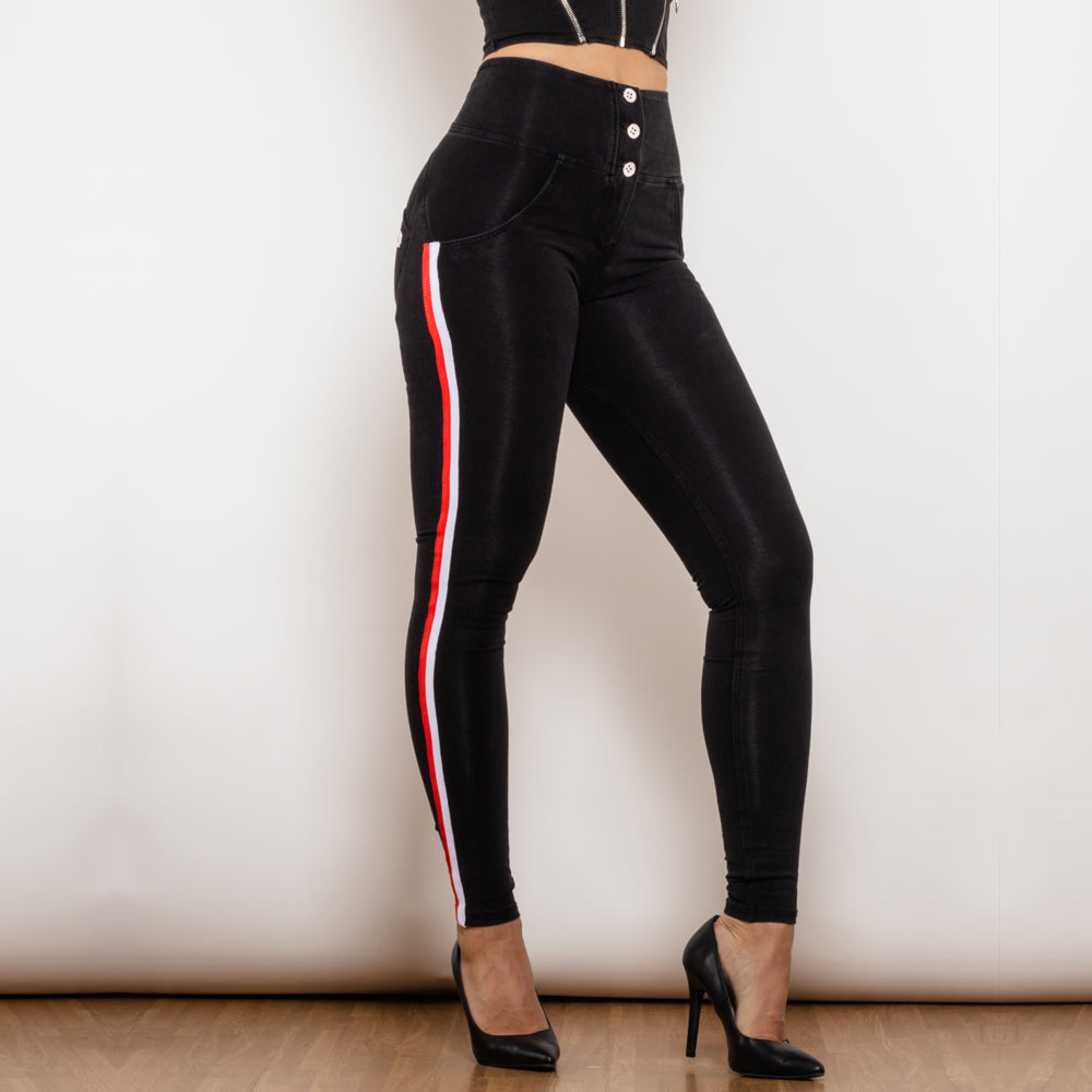 Side Stripe High Waist Black Stretch Bum Lift Pants