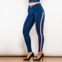 White & Red Side Stripe Dark Blue Denim Butt Lift Jeans
