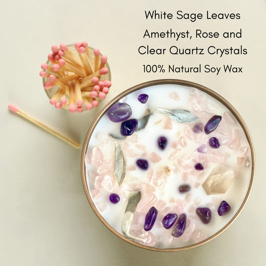 White Sage and Santal Smudge Candle with Rose Quartz and Amethyst Gemstone Crystals