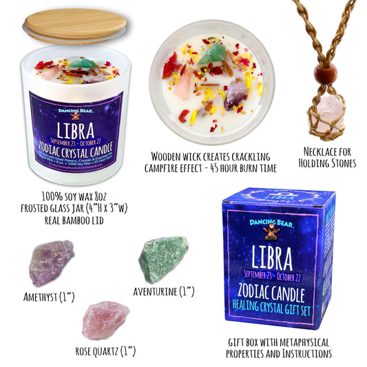 DANCING BEAR Libra Zodiac Candle Gift Box Set with 3 Healing Crystals & Stone Holder Necklace,