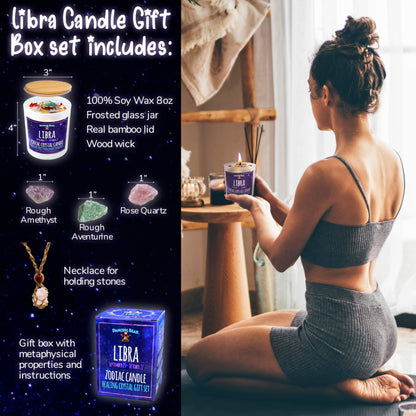 DANCING BEAR Libra Zodiac Candle Gift Box Set with 3 Healing Crystals & Stone Holder Necklace,