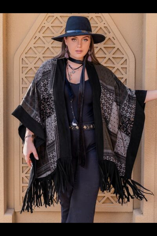 Plus Size Printed Fringe Open Front Outerwear