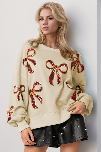 Bow Sequin Round Neck Dropped Shoulder Sweatshirt