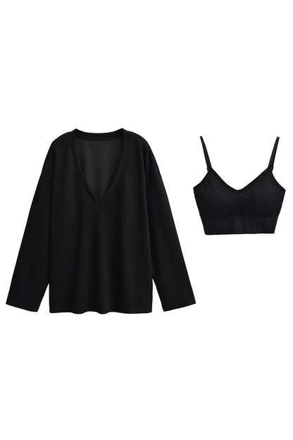 Basic Bae Air Scuba V-Neck Dropped Shoulder Long Sleeve Sweatshirt with Bra