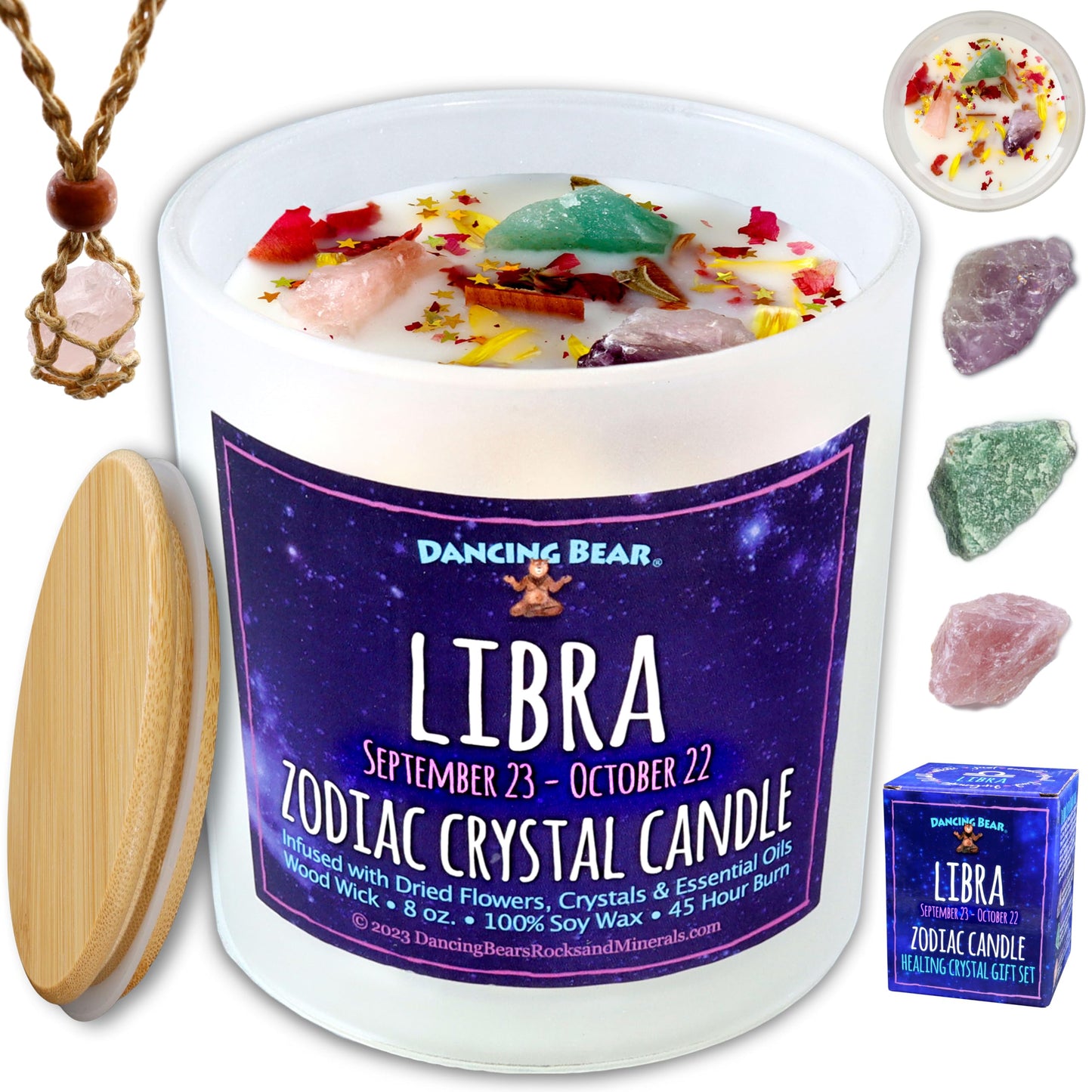 DANCING BEAR Libra Zodiac Candle Gift Box Set with 3 Healing Crystals & Stone Holder Necklace,