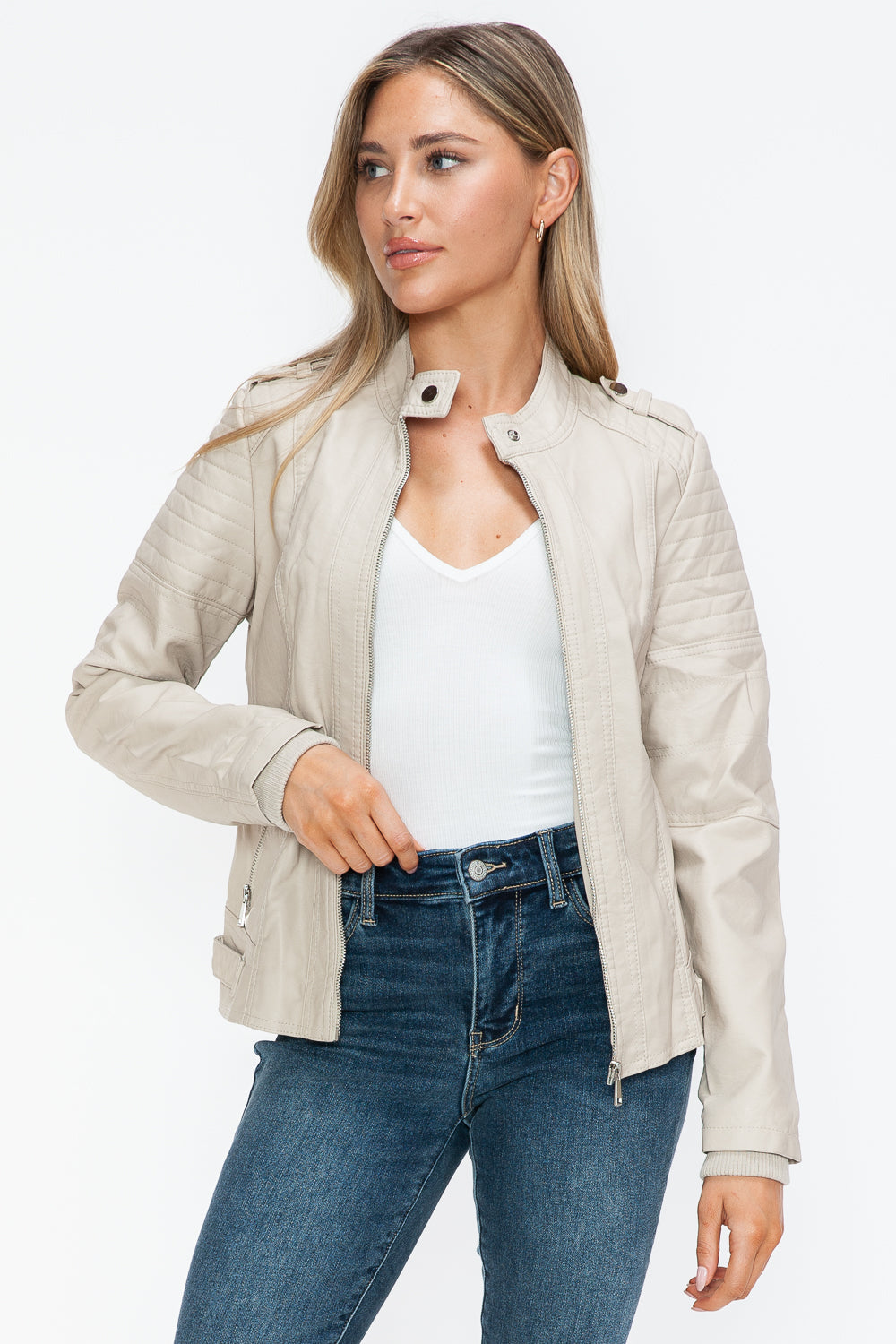 PU Leather Biker Jacket with Side Zip Pockets