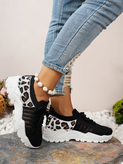 Cutout Leopard Lace Up Mesh Athletic