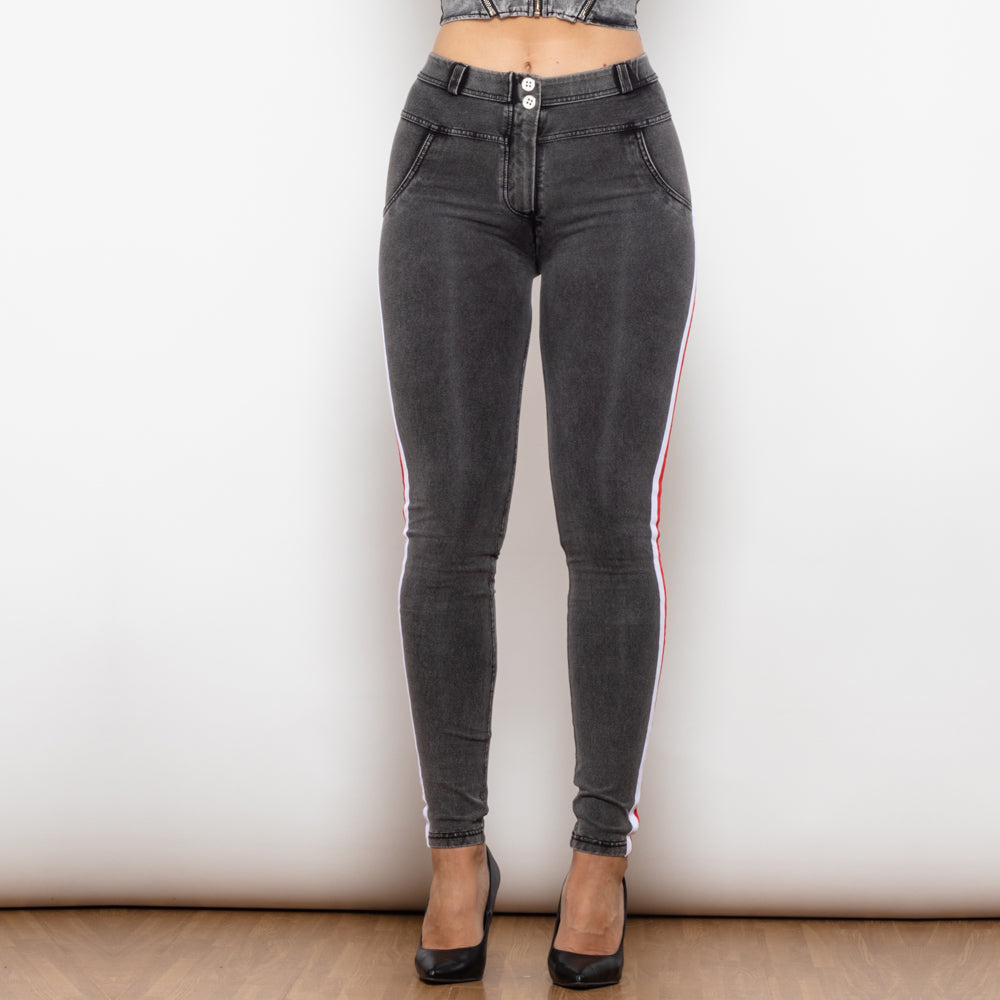 Side Stripe Middle Waist Dark Thread Grey Butt Lift Jeans