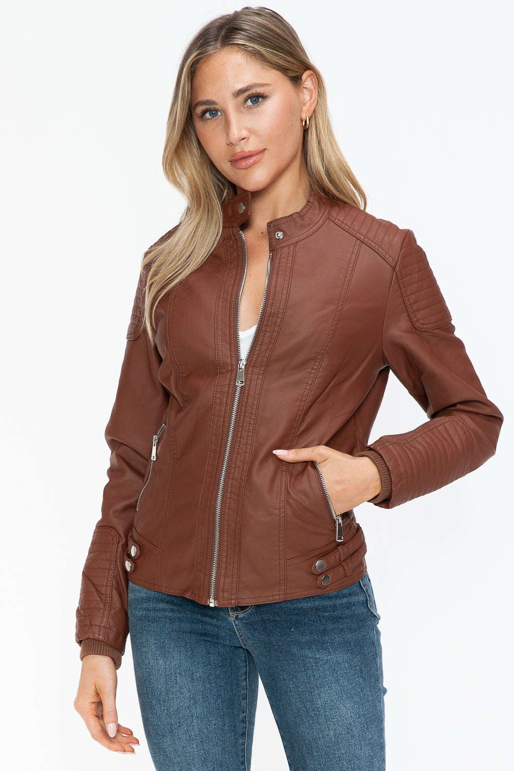 Faux Leather Biker Jacket with Side Zip Pockets