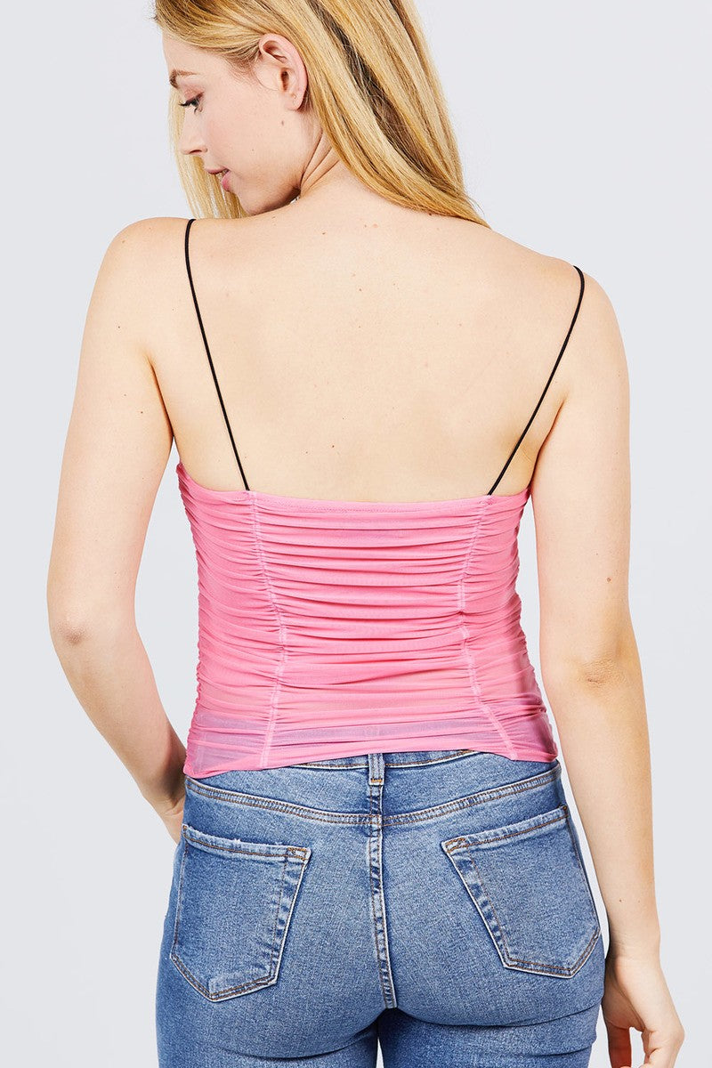 V-neck W/shirring Detail Elastic Strap Mesh Cami Top